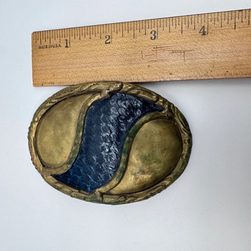 Vintage 1970-1980's Handmade Belt Buckle Blue Brass Snakeskin Yin/Yang Oval